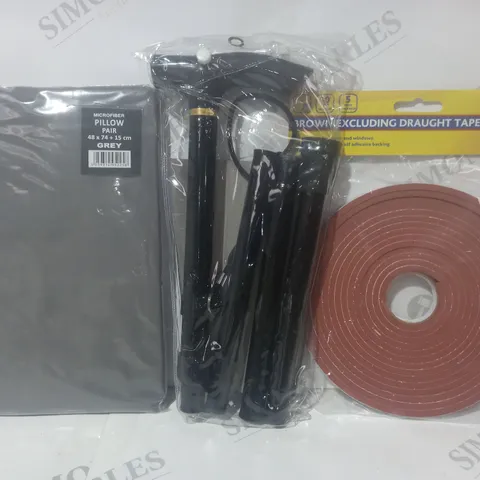 BOX OF APPROXIMATELY 20 ASSORTED HOUSEHOLD ITEMS TO INCLUDE METAL FOLDING CANE, EXCLUDING DRAUGHT TAPE, MICROFIBRE PILLOW PAIR, ETC