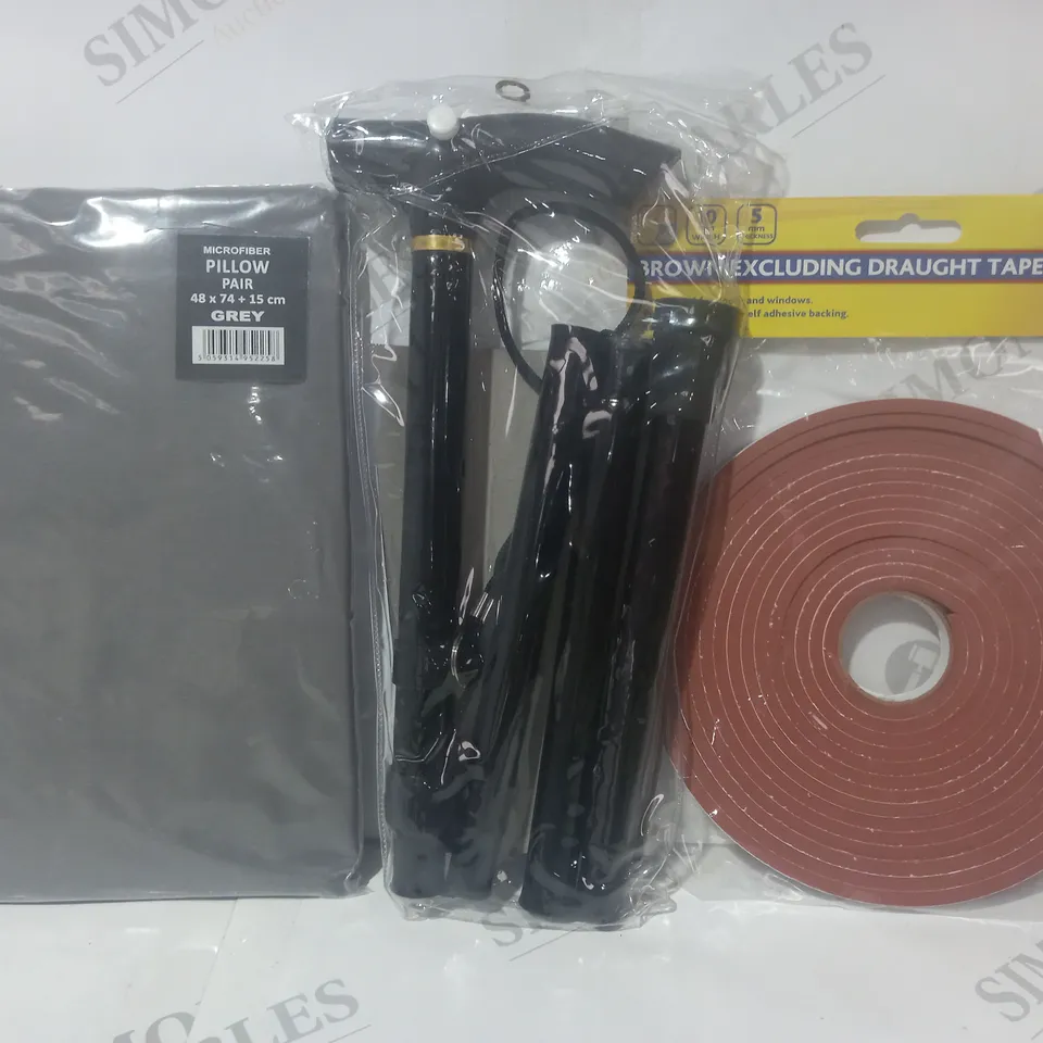 BOX OF APPROXIMATELY 20 ASSORTED HOUSEHOLD ITEMS TO INCLUDE METAL FOLDING CANE, EXCLUDING DRAUGHT TAPE, MICROFIBRE PILLOW PAIR, ETC