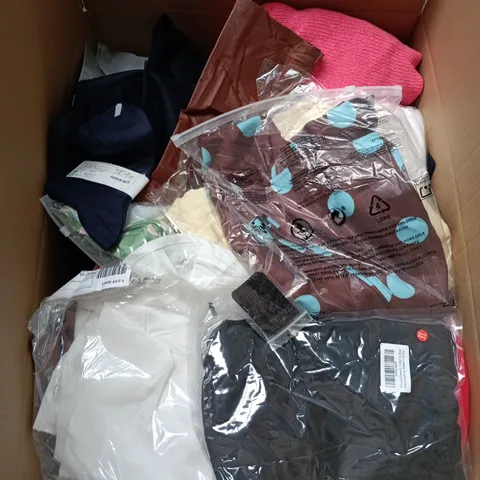 BOX OF APPROXIMATELY 25 ASSORTED CLOTHING ITEMS IN VARIOUS STYLES , COLOURS AND SIZES