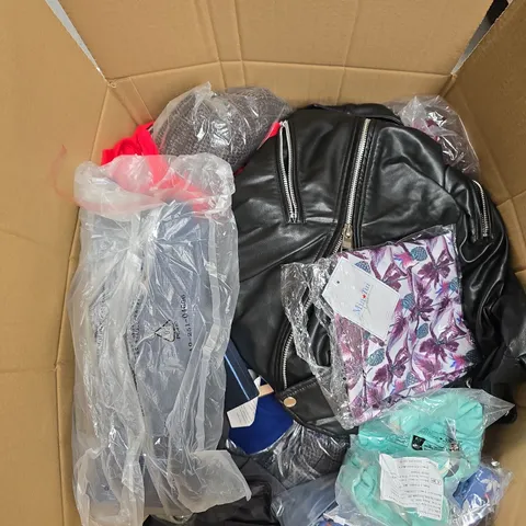LARGE BOX OF APPROXIMATELY 25 ASSORTED CLOTHING ITEMS IN VARIOUS COLOURS, STYLES AND SIZES - COLLECTION ONLY