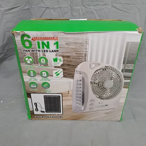 6 IN 1 RECHARGEABLE FAN WITH LED LAMP – BOXED