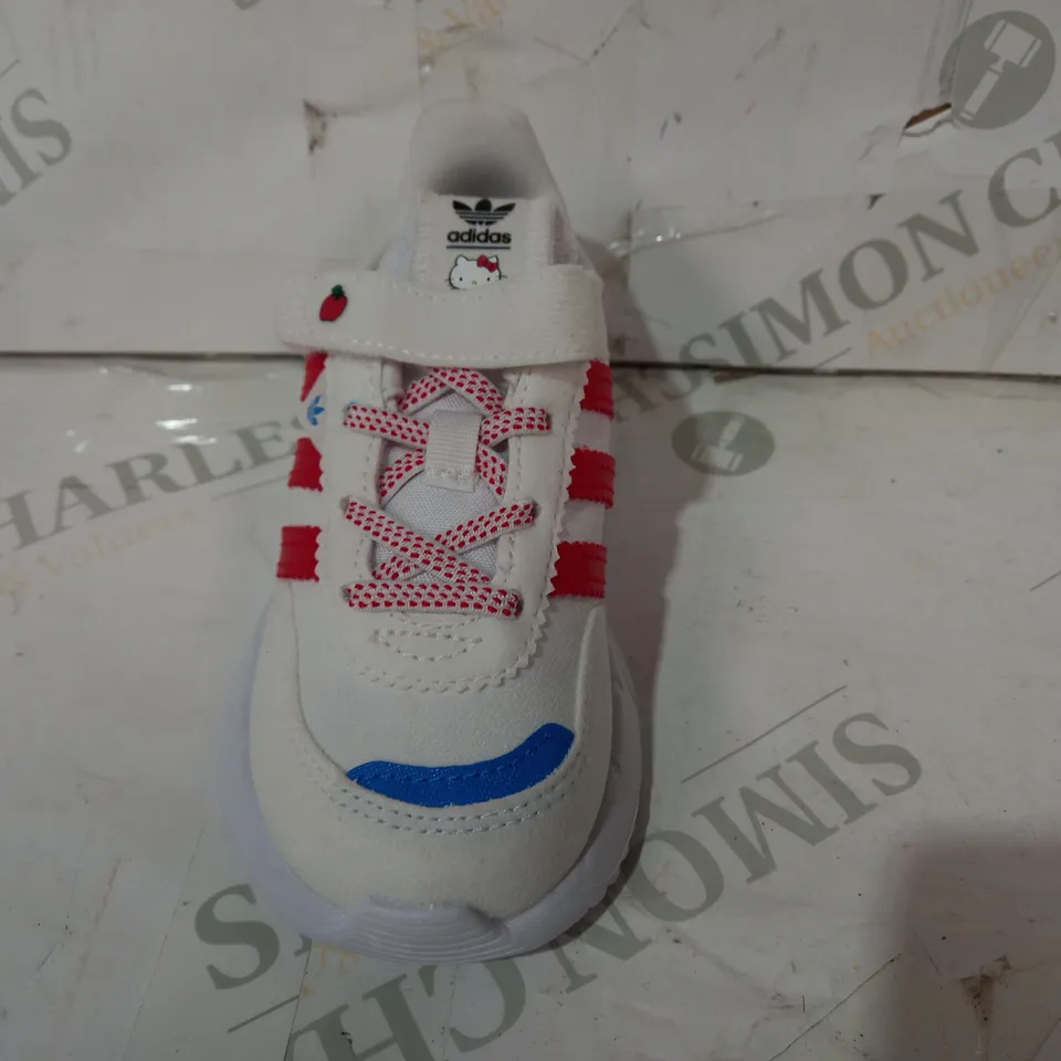 BOXED PAIR OF ADIDAS HELLO KITTY RETROPY F2 CF EL I BABY SHOES IN WHITE/RED/BLUE UK SIZE 6K