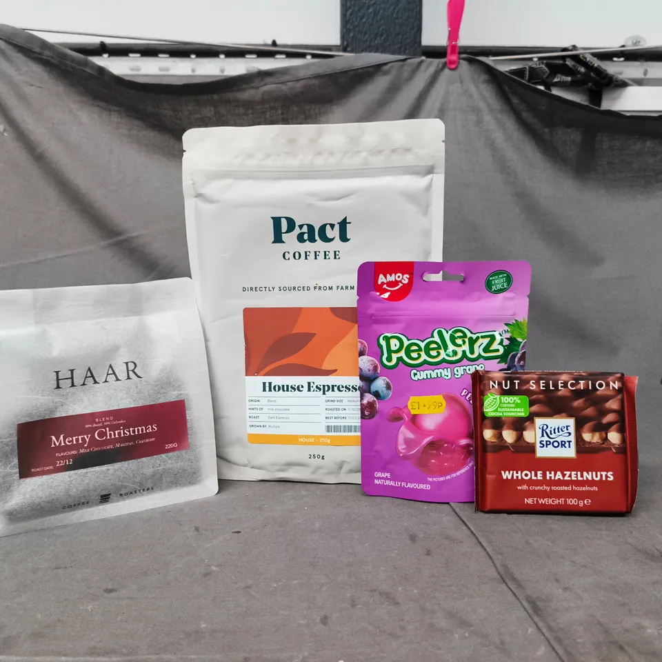 APPROXIMATELY 10 ASSORTED FOOD AND DRINK ITEMS TO INCLUDE PACT COFFEE, PEELERZ, ETC