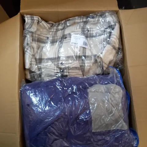 BOX OF ASSORTED CLOTHING ITEMS TOO INCLUDE JUMPERS, SHIRTS AND TROUSERS IN VARIOUS SIZES AND COLOURS