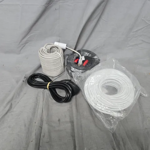 APPROXIMATELY 40 ASSORTED CABLES TO INCLUDE PATCH CABLE, ETHERNET CABLE, KETTLE LEAD, ETC - COLLECTION ONLY