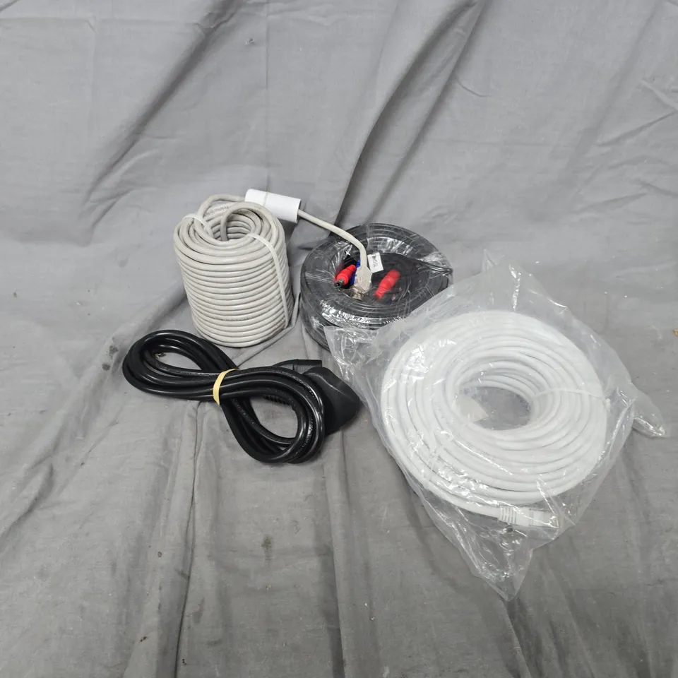 APPROXIMATELY 40 ASSORTED CABLES TO INCLUDE PATCH CABLE, ETHERNET CABLE, KETTLE LEAD, ETC - COLLECTION ONLY