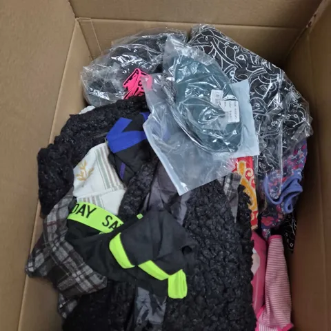 LARGE BOX OF APPROXIMATELY 25 ASSORTED CLOTHING ITEMS IN VARIOUS COLOURS, STYLES AND SIZES - COLLECTION ONLY