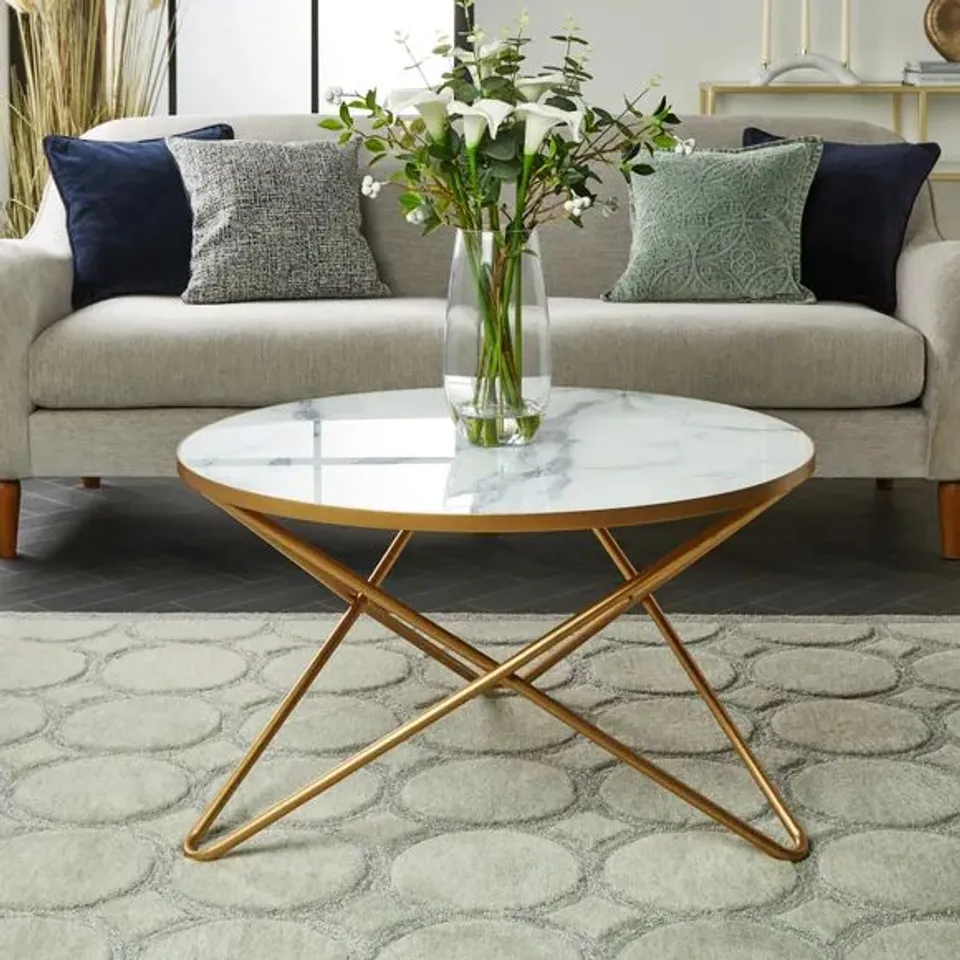 BOXED ZOEY GOLD EFFECT COFFEE TABLE IN WHITE MARBLE EFFECT TOP