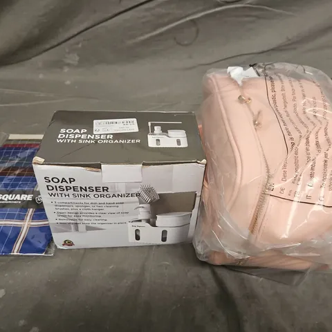 LARGE BOX OF APPROX 10 ASSORTED HOUSEHOLD ITEMS TO INCLUDE SOAP DISPENSER, MAKEUP BAG AND HANDKERCHIEFS - COLLECTION ONLY