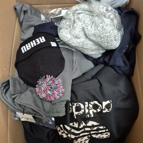 LARGE BOX OF ASSORTED CLOTHING ITEMS IN VARIOUS SIZES, STYLES AND COLOUR 