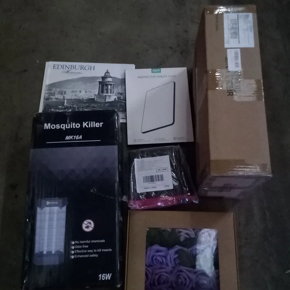 PALLET OF ASSORTED ITEMS INCLUDING  PROTECTIVE TABLET CASE, MOSQUITO KILLER, FIRE RESISTANT GLOVES, ARTIFICIAL FLOWERS, MAIL SORTER, EDINBURGH MEMORIES 2023 CALENDER 