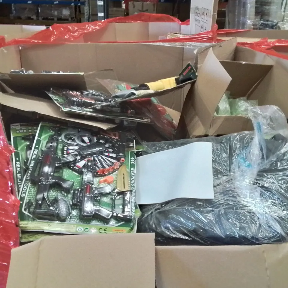PALLET OF ASSORTED HOUSEHOLD GOODS AND PRODUCTS TO INCLUDE; ASSORTED TOYS, BACK PACKS, LAMP SHADES 