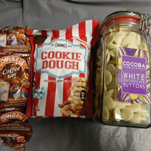 LOT OF ASSORTED FOOD ITEMS TO INCLUDE WHITE CHOCOLATE BUTTONS, COOKIE DOUGH AND COFFEE CAFÉ DRINKS