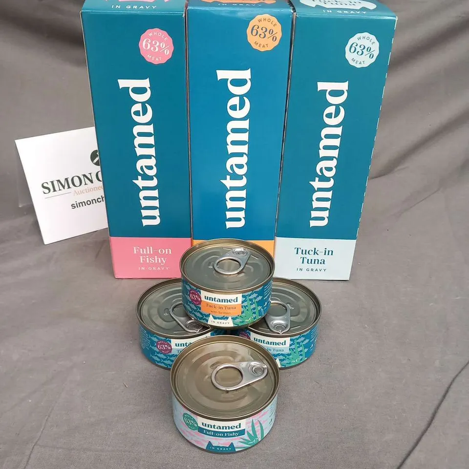 APPROXIMATELY 96 TINS OF UNTAMED 75G CAT FOOD TO INCLUDE; TUCK IN TUNA, CHOCKA CHICKEN AND FULL ON FISHY