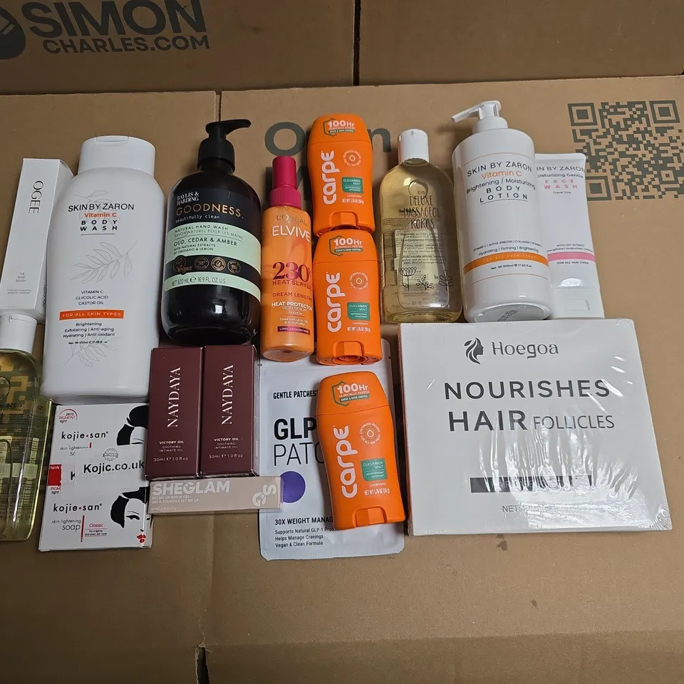 LOT OF APPROXIMATELY 25 ASSORTED HEALTH AND BEAUTY ITEMS TO INCLUDE ZARON BODY WASH, HOEOA HAIR CARE SOLUTION AND NAYDAYA INTIMATE OIL