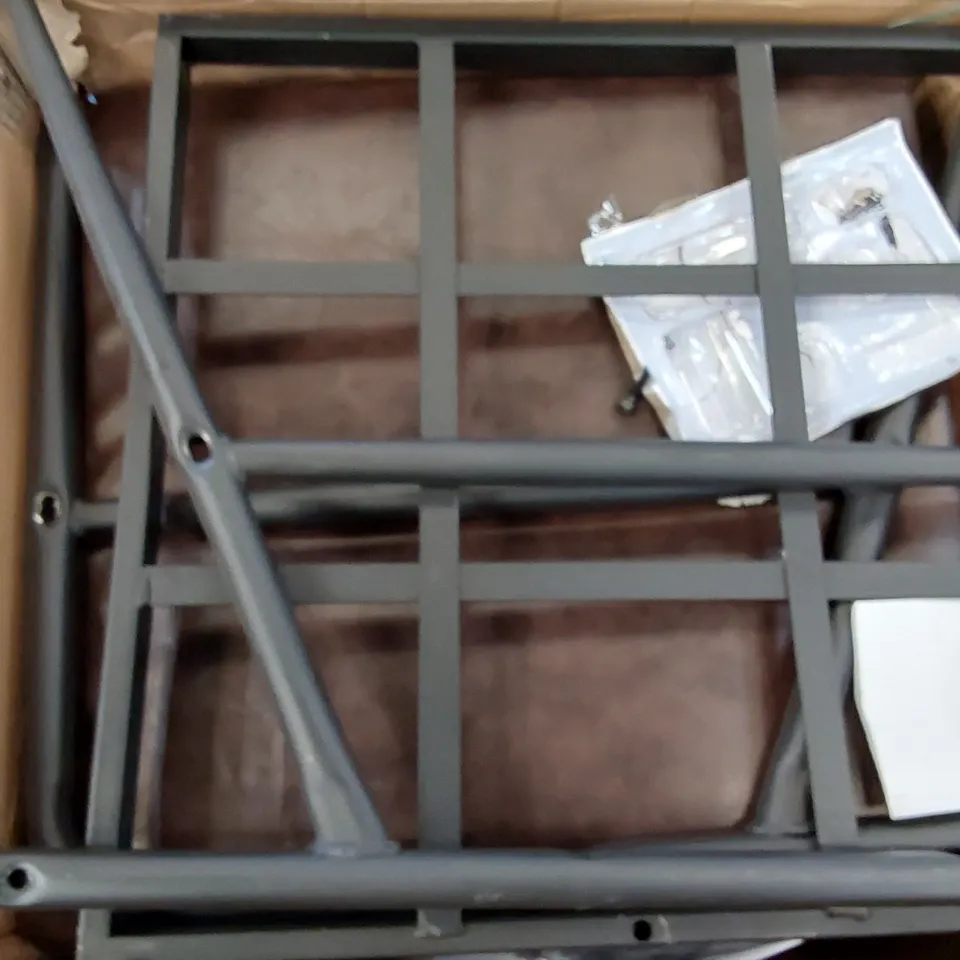 BOXED DARK BROWN LEATHER CHAIR WITH WOODEN ARMS (1 BOX)