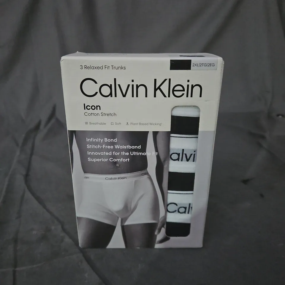 BOXED CALVIN KLEIN ICON COTTON STRETCH TRUNKS – BLACK, 2XL – TRIPLE PACK