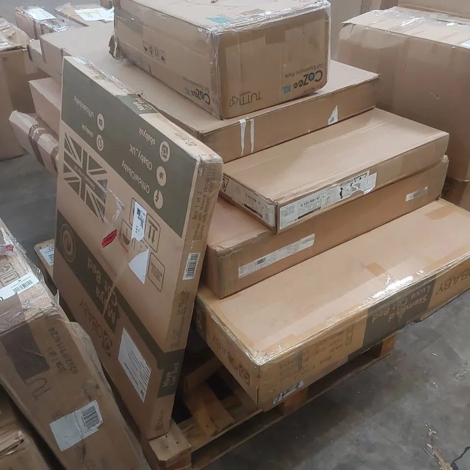 PALLET OF ASSORTED DESIGNER BABY FURNITURE PARTS AND PIECES 