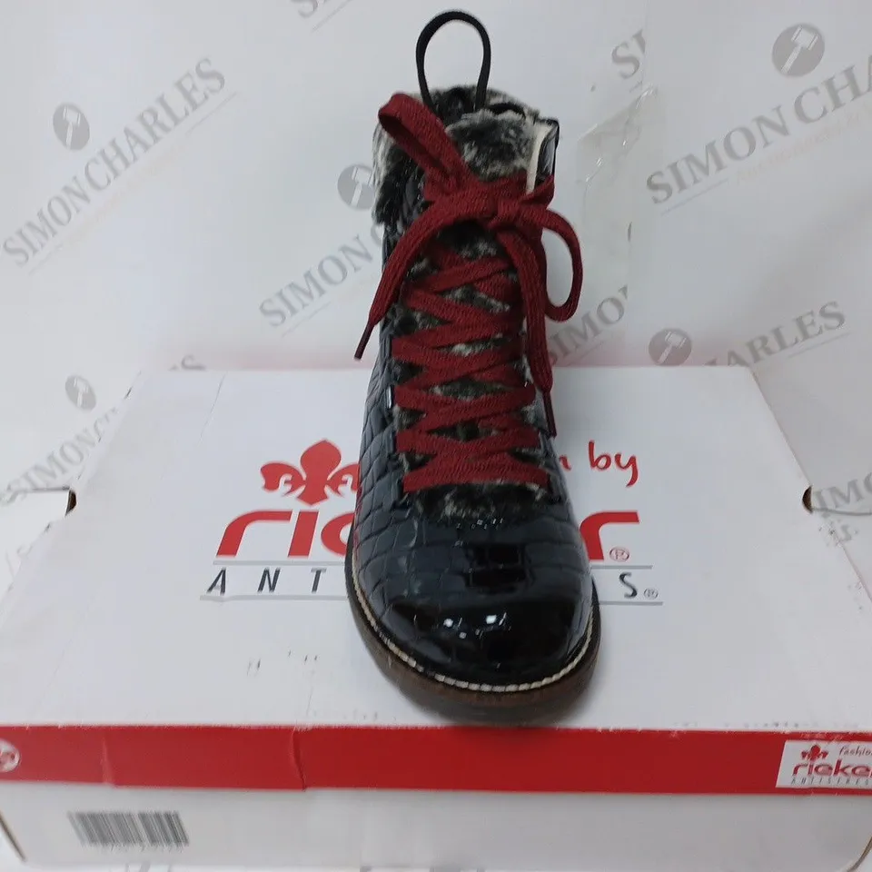 BOXED PAIR OF RIEKER CROCODILE FINISH HIKING BOOTS IN BLACK - SIZE 5