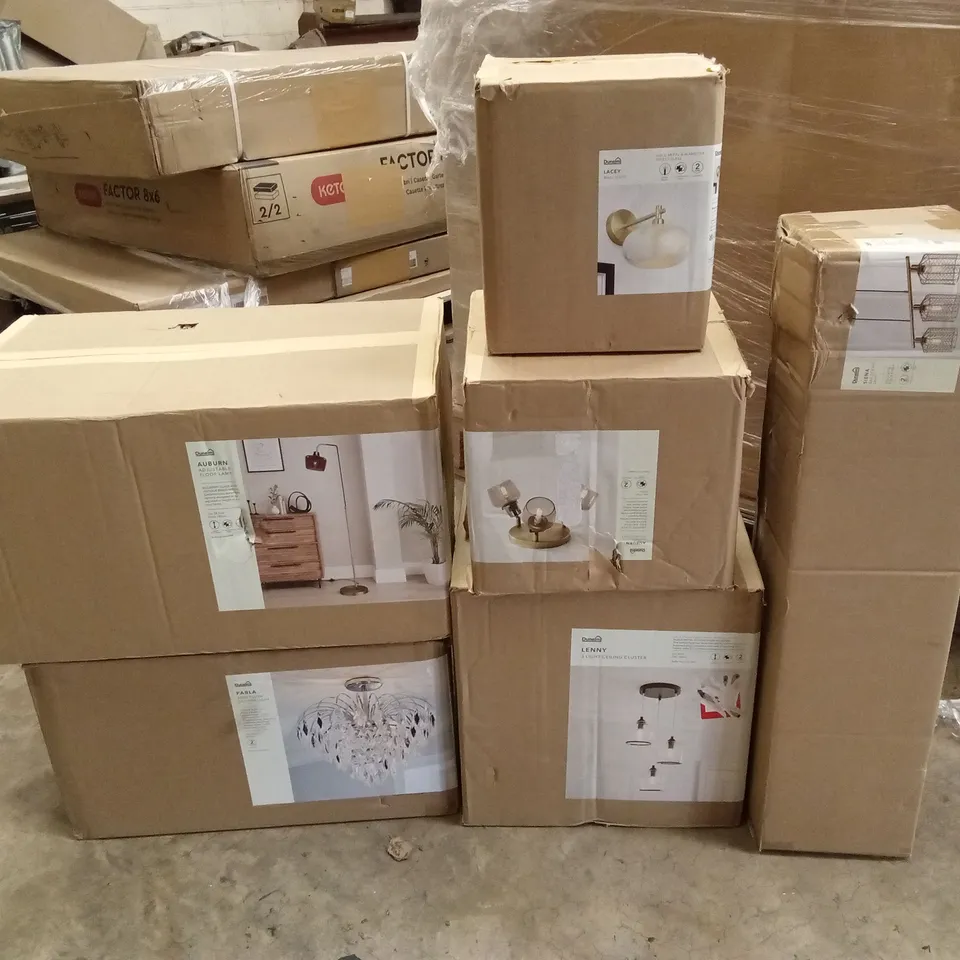 PALLET TO CONTAIN APPROXIMATELY 14 DESIGNER INDOOR LIGHTING PRODUCTS TO INCLUDE; CEILING LIGHTS, WALL LIGHTS, FLOOR LAMPS ETC