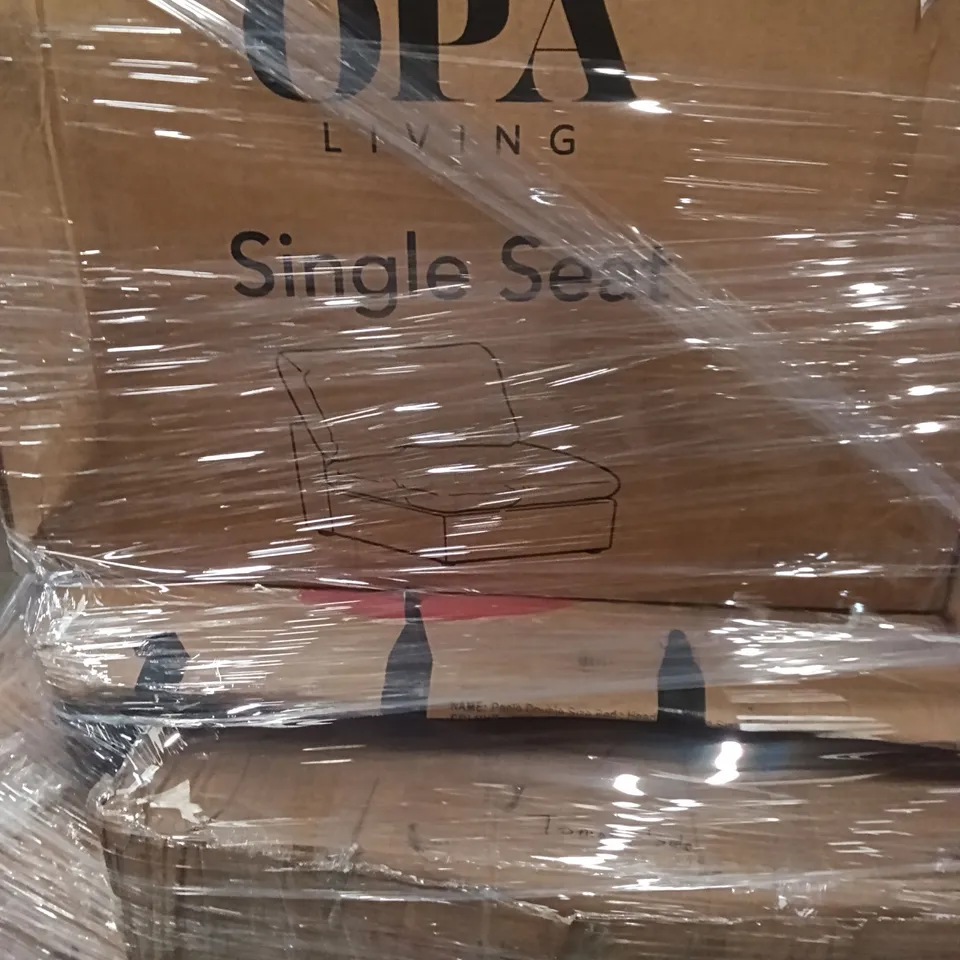 PALLET OF ASSORTED INCOMPLETE DESIGNER FURNITURE PARTS - PAOLO DOUBLE SIZE BED, DARLA KING OTTOMAN BED, OPA SINGLE SEAT