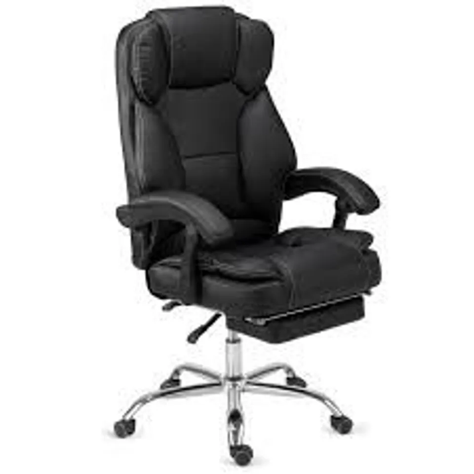 BOXED ERGONOMIC SWIVEL OFFICE CHAIR BLACK LEATHER + FOOTREST