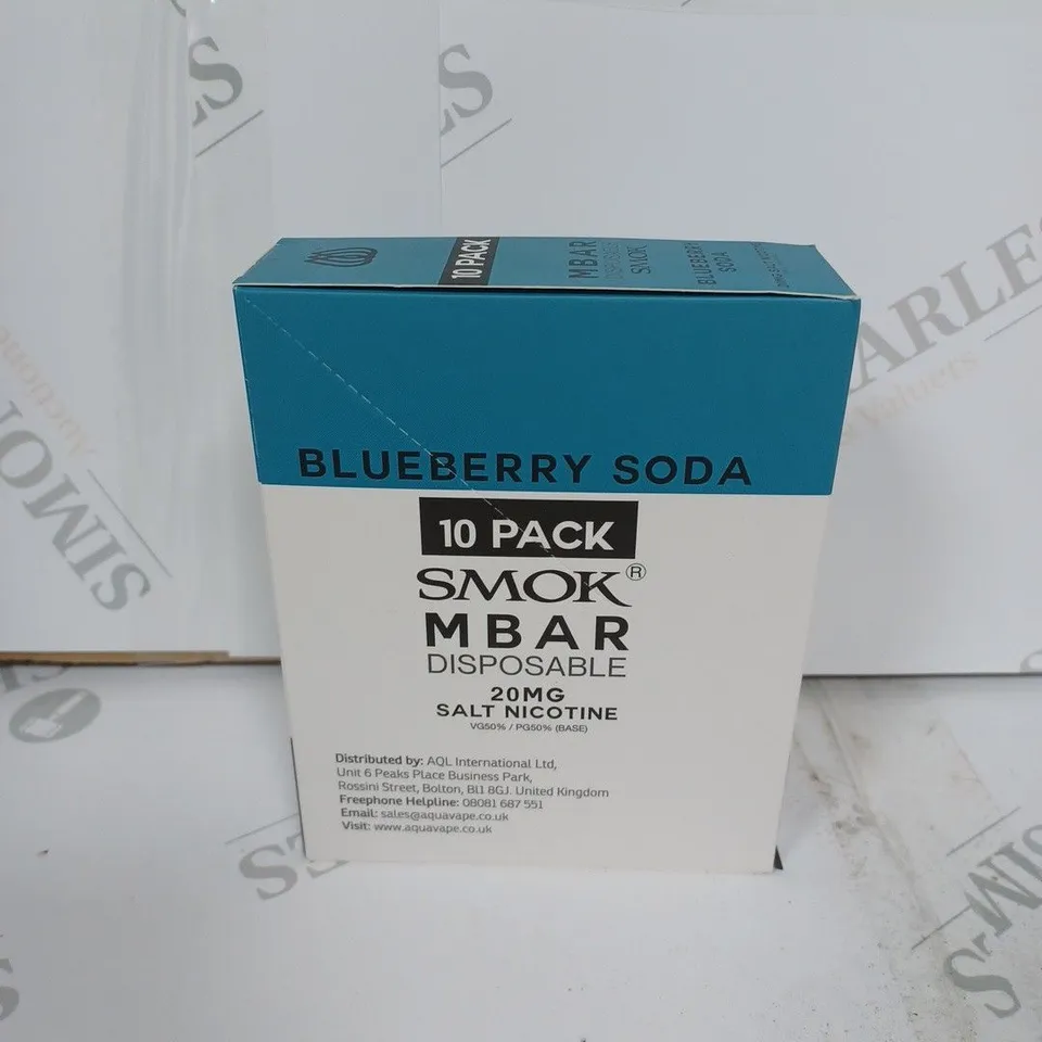 BOX OF APPROXIMATELY 10 BOXES OF BLUEBERRY SODA 10 PACK SMOK M BAR DISPOSABLE 20MG SALT NICOTINE