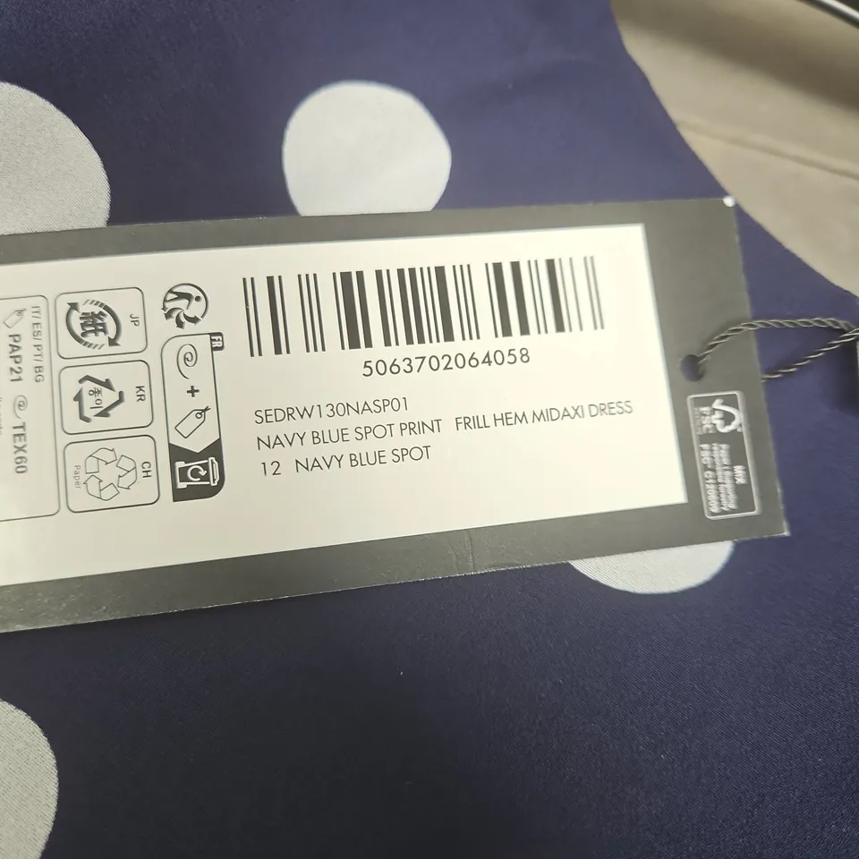 SOSANDER NAVY BLUE SPOT PRINT FRILL HEM MIDAXI DRESS UK 12 TAGGED