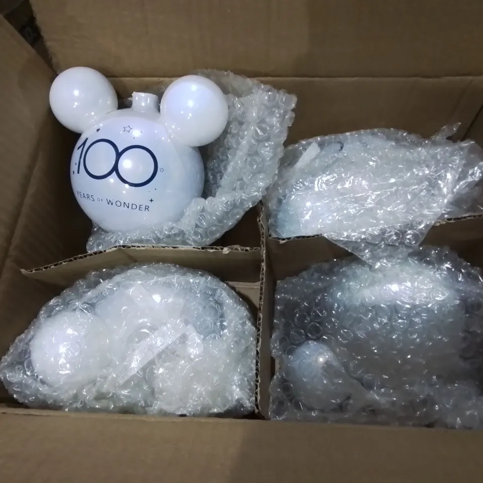 LARGE QUANTITY OF ASSORTED CHRISTMAS THEMED ITEMS TO INCLUDE DISNEY 100 GLASS BAUBLES, SANTA ORNAMENT, ACRYLIC SANTA AND PENGUIN LIGHTS