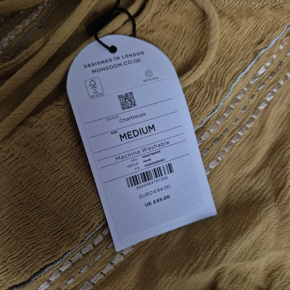 MONSOON WOMEN'S CHARTREUSE EMBROIDERED BLOUSE, SIZE M