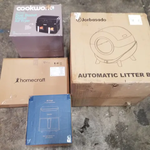PALLET OF ASSORTED PRODUCTS INCLUDING AUTOMATIC LITTER BOX, DUAL BASKET AIR FRYER, TOILET SURROUND RAIL, MAGNETIC MEMO BOARD
