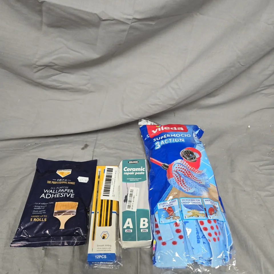 APPROXIMATELY 15 ASSORTED HOUSEHOLD ITEMS TO INCLUDE VILEDA SUPERMOP REPLACEMENT HEAD, CERAMIC REPAIR PASTE AND WALLPAPER ADHESIVE
