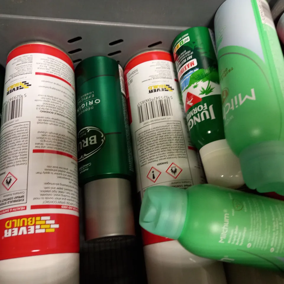 BOX OF APPROX 12 ASSORTED AEROSOLS TO INCLUDE INSTANT SPRAY CONTACT ADHESIVE, MITCHUM DEODORANT, GILETTE SHAVING FOAM, ETC