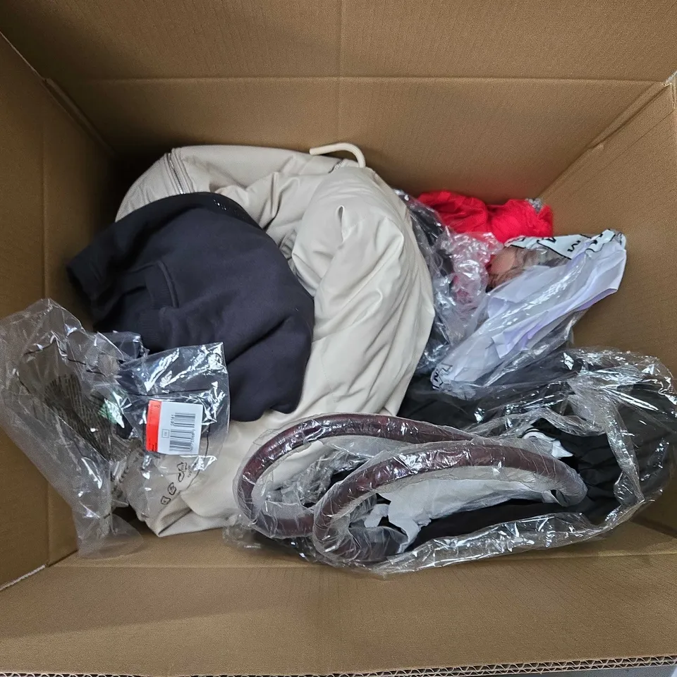 BOX OF ASSORTED CLOTHING ITEMS IN VARIOUS COLOURS, STYLE AND SIZES 