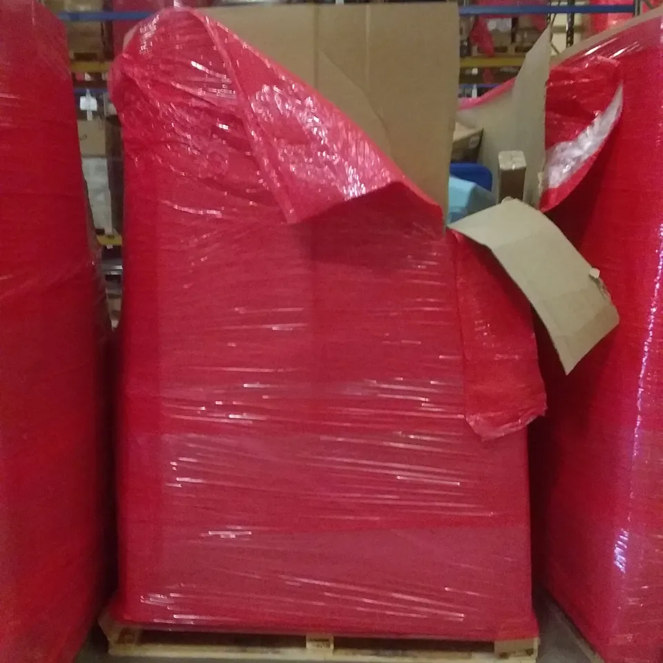 PALLET OF ASSORTED ITEMS INCLUDING WOVEN BASKET , TOILET SEAT , DISH DRYING TRAY , WOODEN FRAME CORK BOARD , CONTACT PAPER 