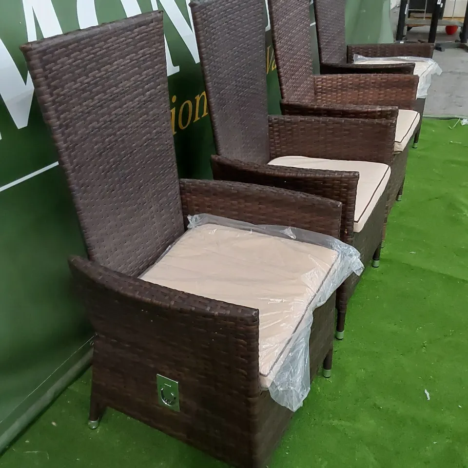 4 X DESIGNER MANUAL RECLINER GARDEN CHAIRS IN CHOCOLATE MIX RATTAN WITH CUSHIONS 