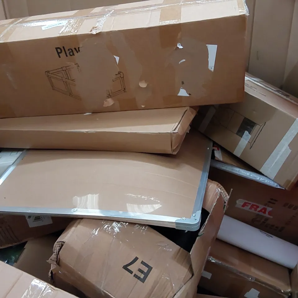 PALLET OF ASSORTED ITEMS INCLUDING: ASH VACUUM, KID'S JEEP TOY, KITCHEN STEP STOOL, BABY PLAYPEN
