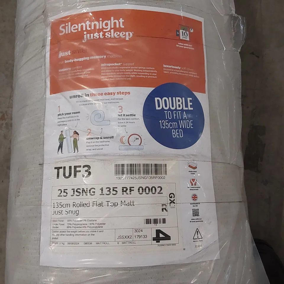 QUALITY BAGGED AND ROLLED SILENTNIGHT 135CM JUST SNUG MEMORY 135CM DOUBLE MATTRESS 