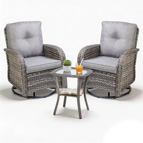 BOXED BIRCHTREE 3 PIECE RATTAN GARDEN FURNITURE SET, 2 SWIVEL ARMCHAIRS WITH MATCHING TABLE, OUTDOOR PATIO SEATING SET WITH CUSHIONS, WEATHER-RESISTANT WICKER GARDEN CHAIRS SET, GREY