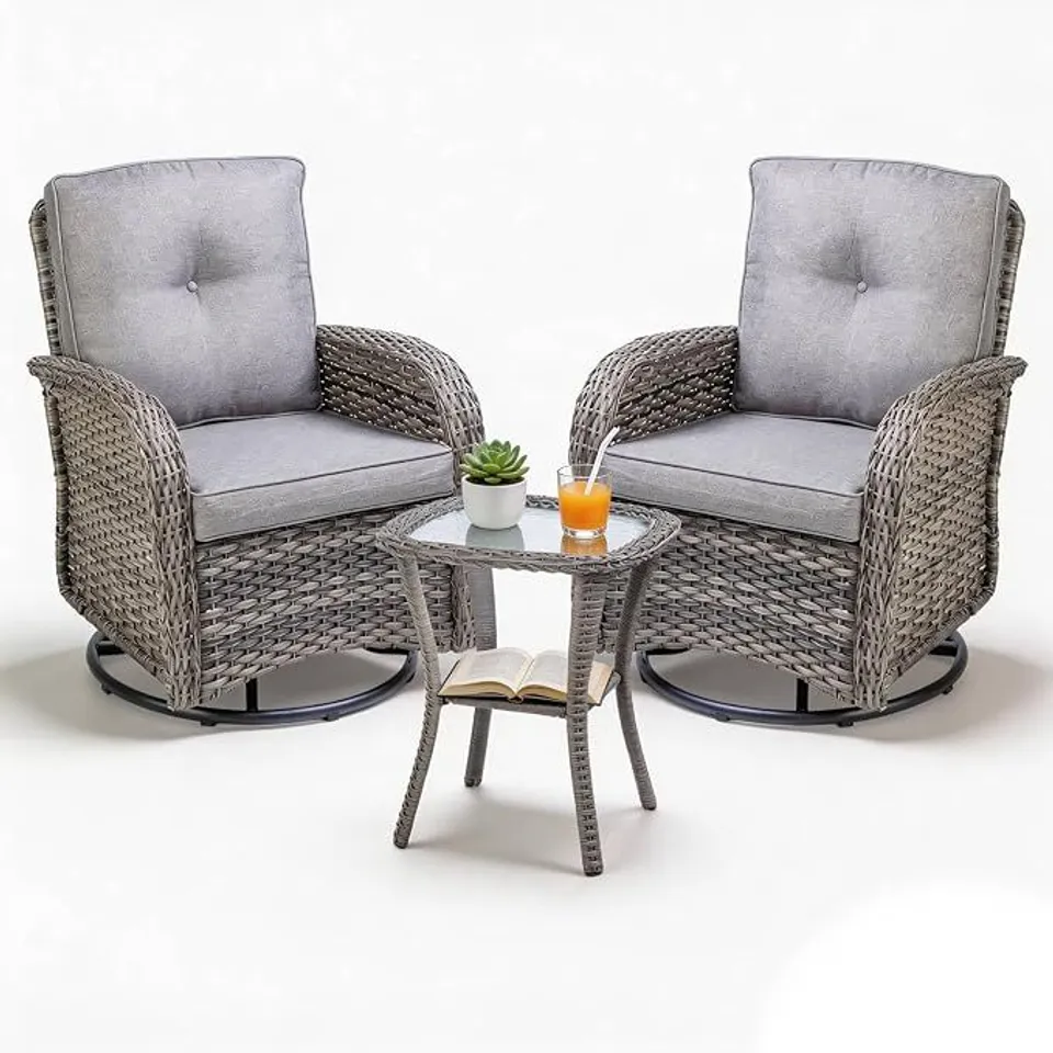 BOXED BIRCHTREE 3 PIECE RATTAN GARDEN FURNITURE SET, 2 SWIVEL ARMCHAIRS WITH MATCHING TABLE, OUTDOOR PATIO SEATING SET WITH CUSHIONS, WEATHER-RESISTANT WICKER GARDEN CHAIRS SET, GREY