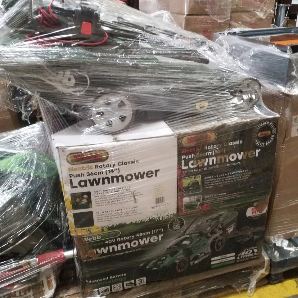PALLET CONTAINING ASSORTED GARDEN EQUIPMENT INCLUDING ELECTRIC ROTARY LAWNMOWERS & HEDGETRIMERS