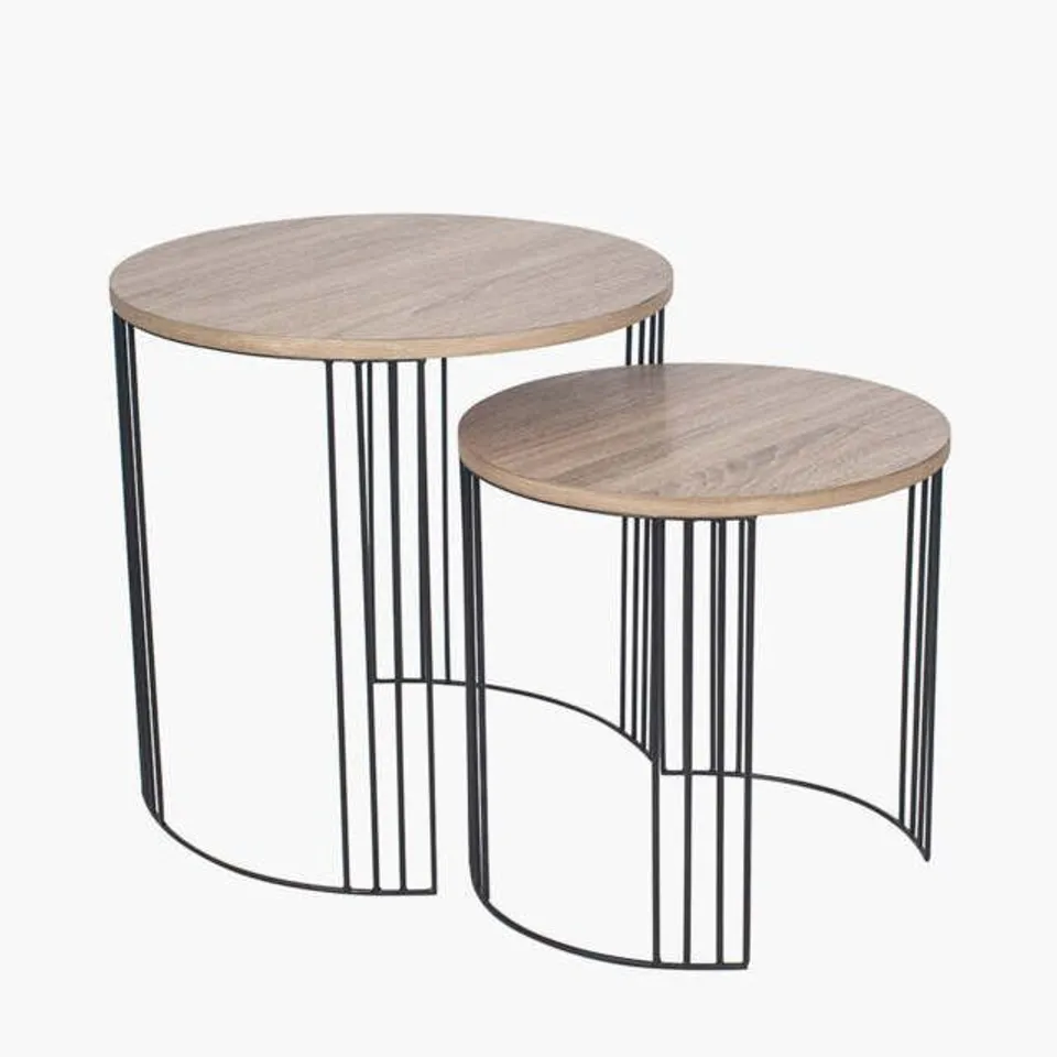 BOXED ATRI S/2 DARK OAK WOOD VENEER AND BLACK METAL SIDE TABLES (1 BOX)
