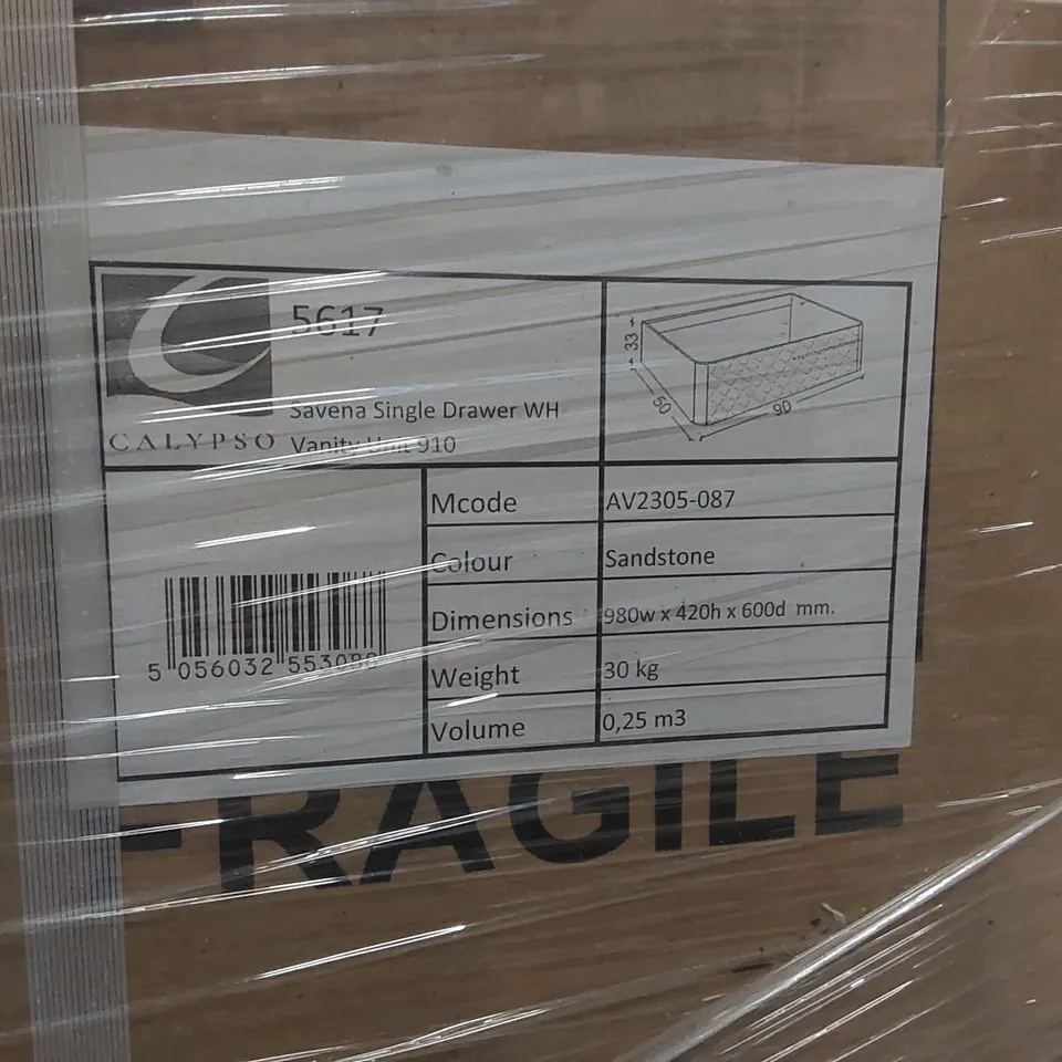 PALLET CONTAINING A LARGE QUANTITY OF BRAND NEW BRAND NEW SAVENA SINGLE DRAWER VANITY BASE UNIT