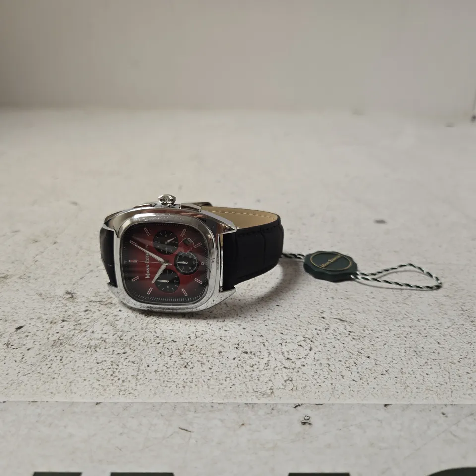 MANN EGERTON WRISTWATCH WITH RED CHRONOGRAPH DIAL – BLACK LEATHER STRAP, BOXED
