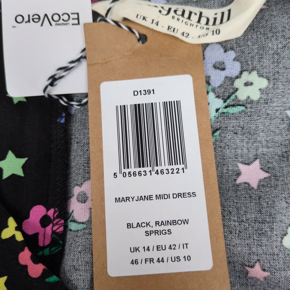 SUGARHILL BRIGHTON MARY JANE MIDI DRESS – BLACK WITH RAINBOW SPRIGS (UK 14)