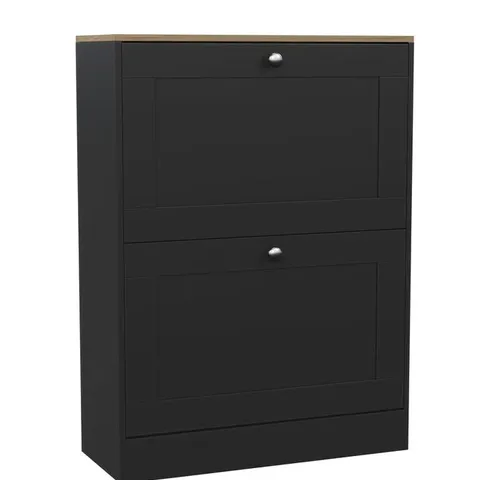 BOXED 2 DRAWER SHOE CABINET - BLACK AND OAK
