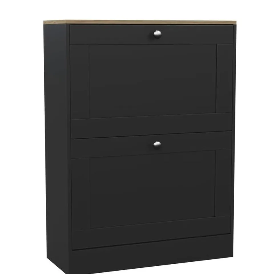 BOXED 2 DRAWER SHOE CABINET - BLACK AND OAK