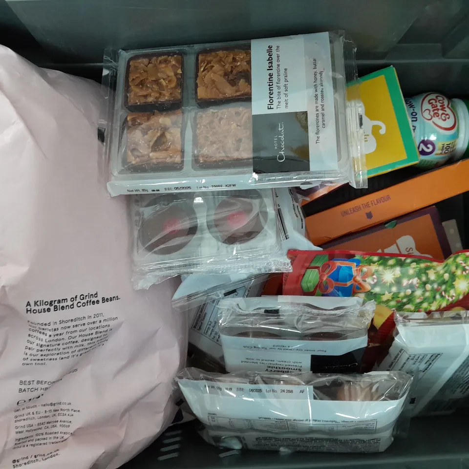 APPROXIMATELY 10 ASSORTED FOOD/DRINK PRODUCTS TO INCLUDE MY PROTEIN MUG CAKE MIX, HOTEL CHOCOLAT SELECTION, ETC