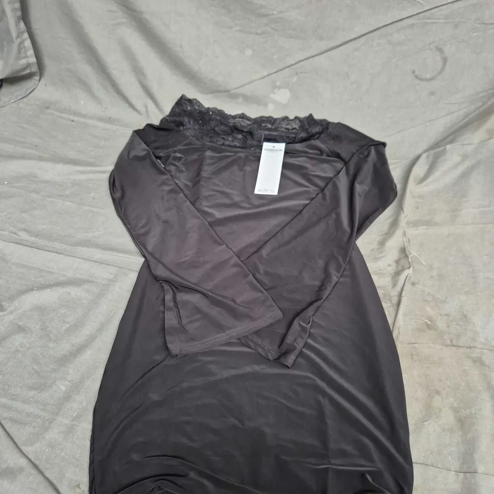 FASHIONKILLA BLACK LACE BARDOT FLARE-SLEEVE MINI DRESS – UK 10