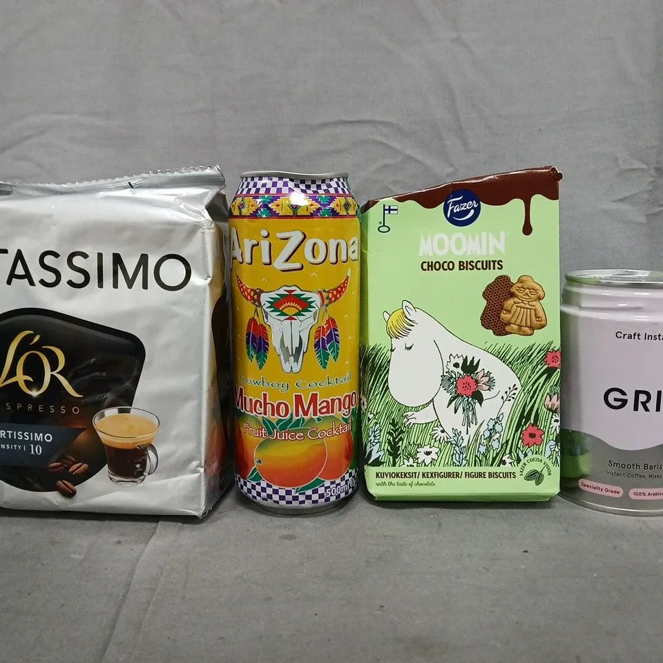 APPROXIMATELY 8  ASSORTED FOOD AND DRINK ITEMS TO INCLUDE TASSIMO, GRIND, ARIZONA, ETC